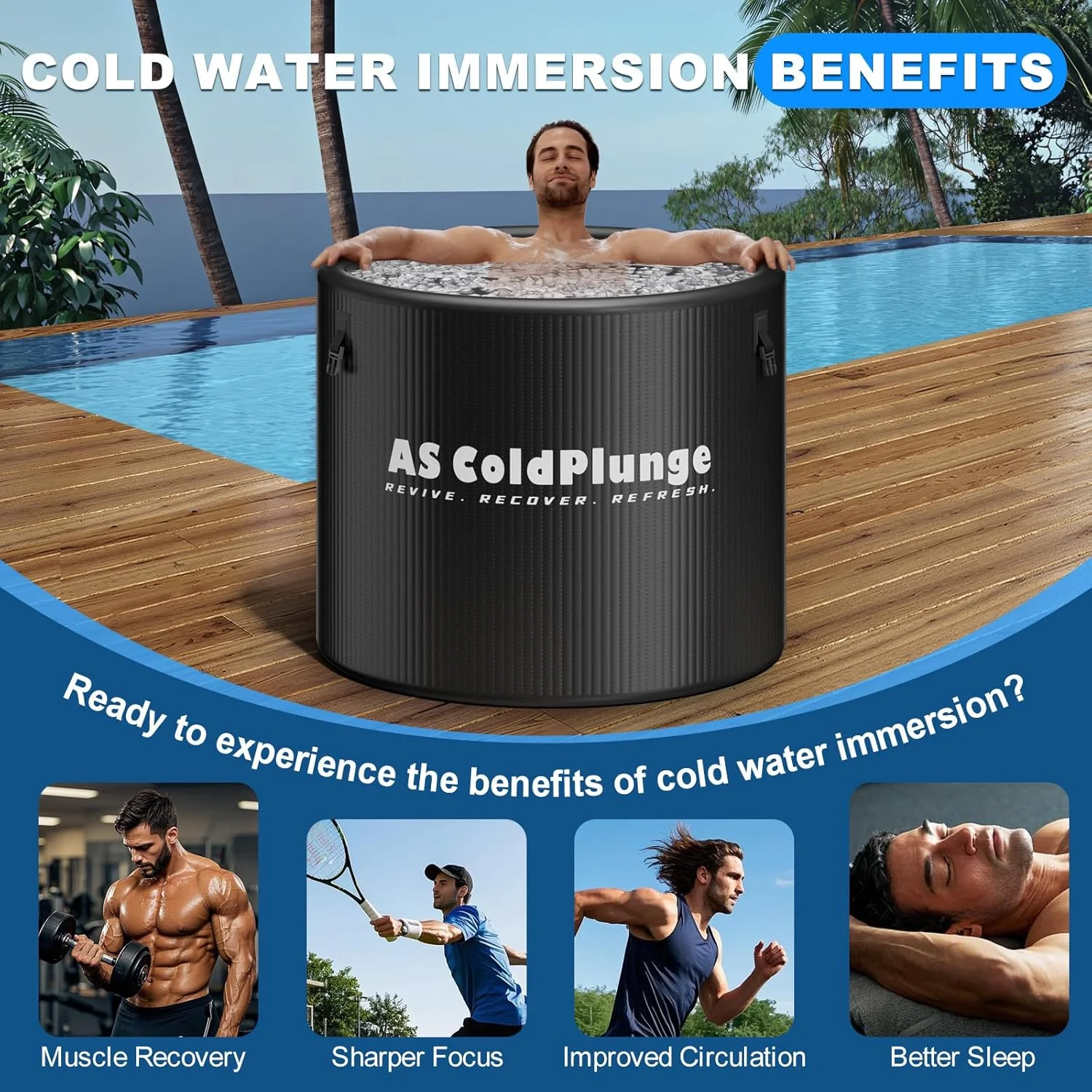 XL Ice Bath Tub for Cold Plunge, 120 Gal with Insulated Lid, Step Stool, Portable Inflatable Ice Pod Plunge Barrel, Easy Chiller Connection, Indoor Outdoor