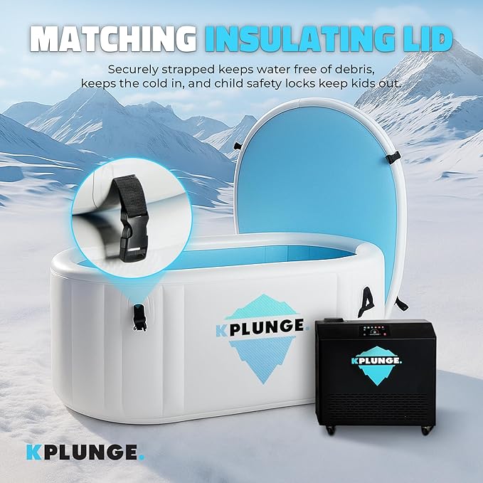 Kodiak 59" 1-Person Inflatable Cold Plunge Ice Bath or Hot Tub with 1 HP Chiller and Heater, PVC Insulated Lid, Hand Pump, Repair Kit, 110-Gallon Capacity, Indoor/Outdoor Tub – Gray