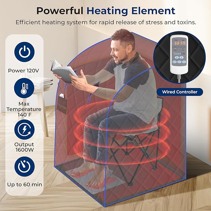 SereneLife Compact & Portable Infrared Steam Sauna, Personal Spa Style Sauna for at-Home Relaxation and Rejuvenation, Easy Access Sit-in Design, Foldable Chair, Energy Efficient, Foot Pad Heating Mat