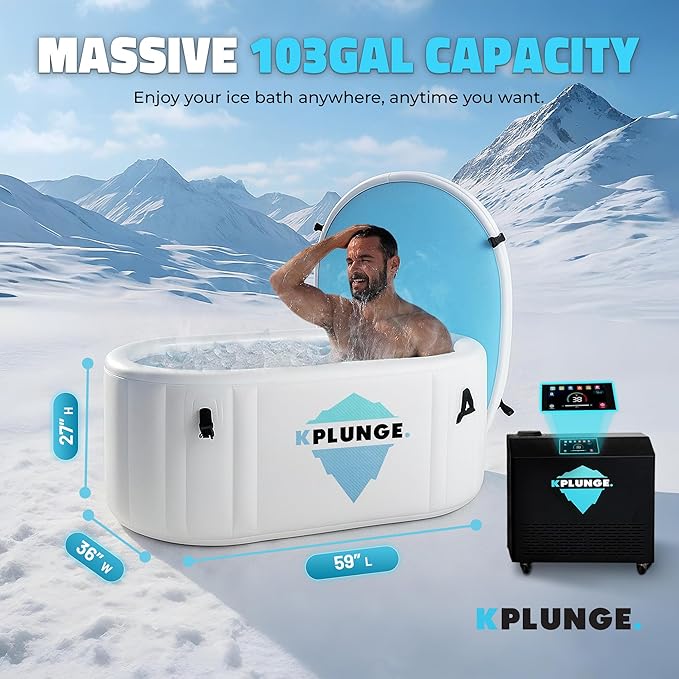 Kodiak 59" 1-Person Inflatable Cold Plunge Ice Bath or Hot Tub with 1 HP Chiller and Heater, PVC Insulated Lid, Hand Pump, Repair Kit, 110-Gallon Capacity, Indoor/Outdoor Tub – Gray