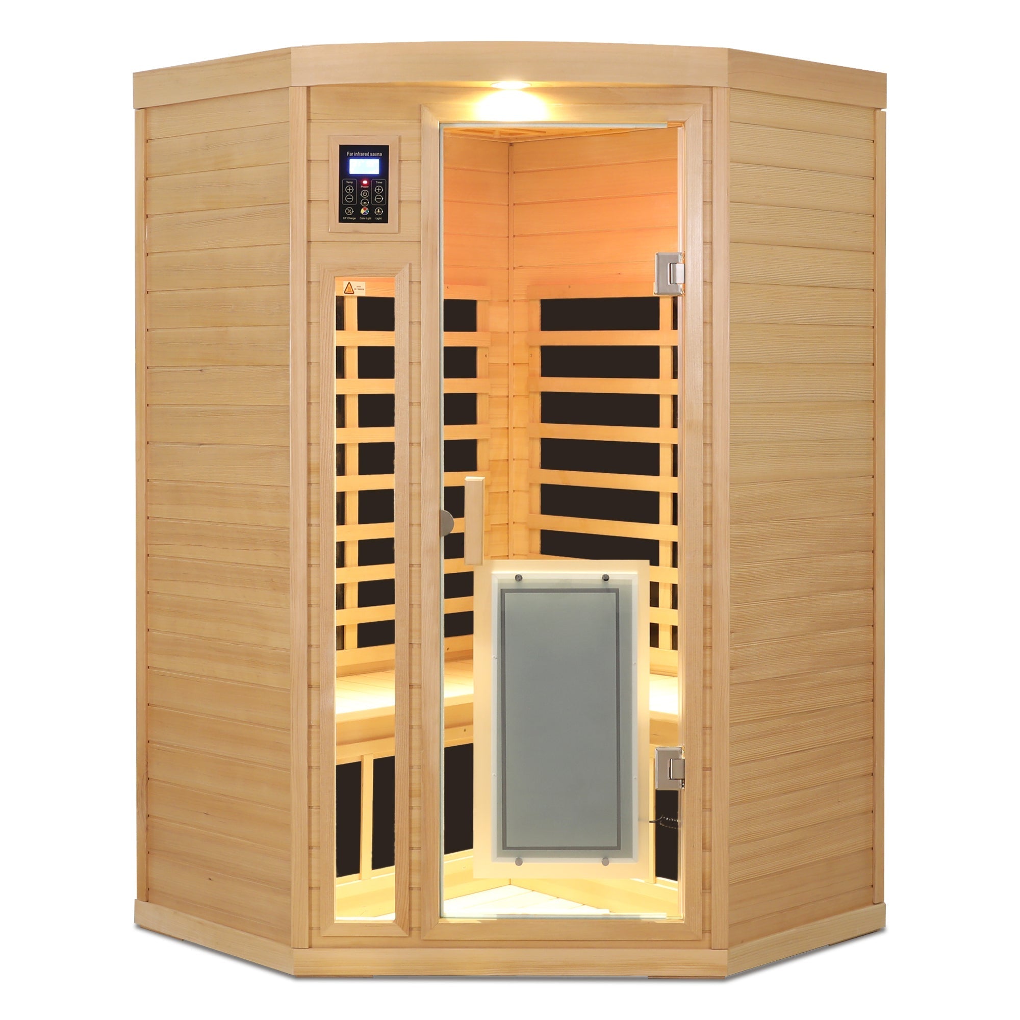 Low EMF, there is also a heating plate on the glass door, can be placed on the pentagon in the corner of the room, Hemlock wood Far-infrared indoor Two person sauna room