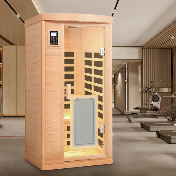 Low EMF, There is also a heating plate on the glass door, Hemlock wood Far-infrared indoor One person sauna room