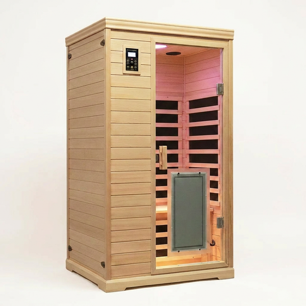 Low EMF Indoor Sauna, Infrared Sauna for Home, 2 Person Infrared Sauna, Canadian Hemlock, 9 Low EMF Heaters, 2 Chromotherapy Lights, 2 Bluetooth Speakers, 1 LED Reading Lamp, 1750W — Studio Shot