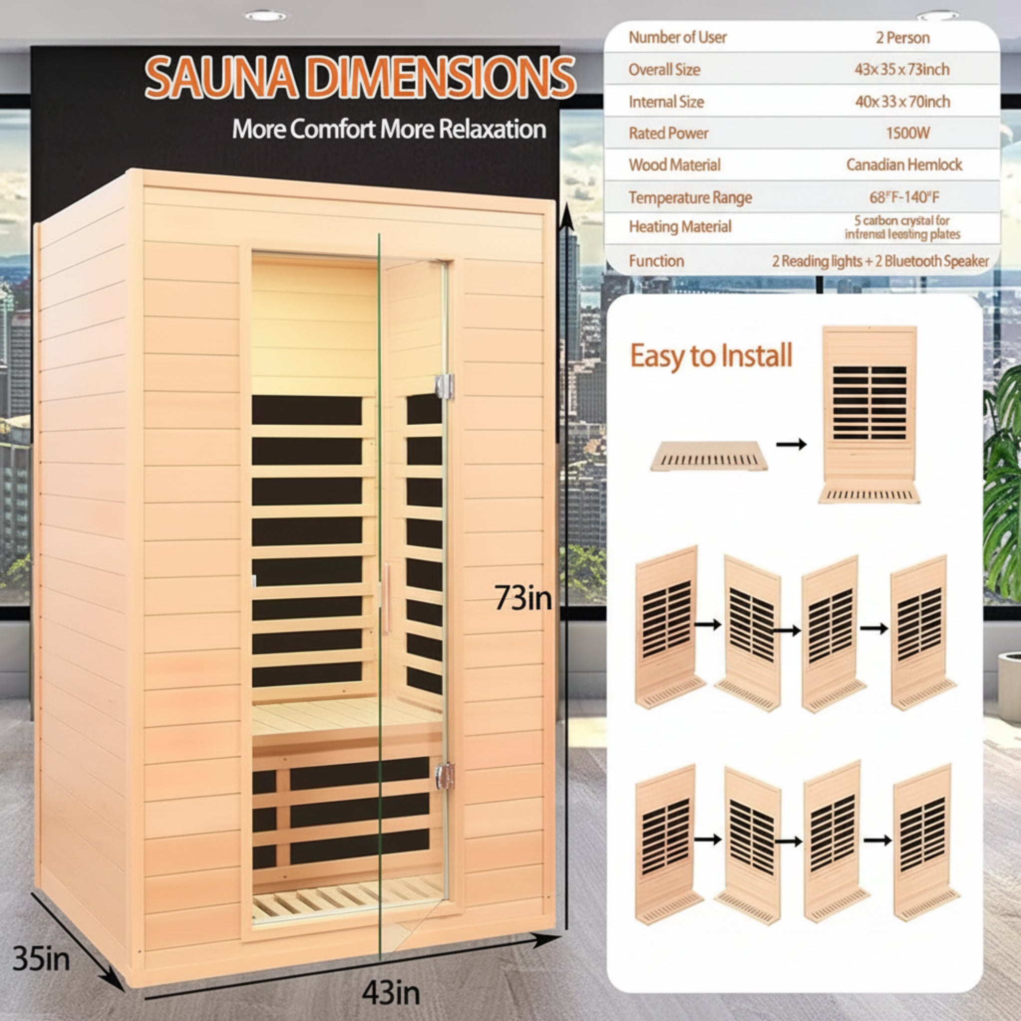 Moray 1-2 Person Indoor Hemlock Infrared Sauna with 5 Far-Infrared Carbon Crystal Heaters